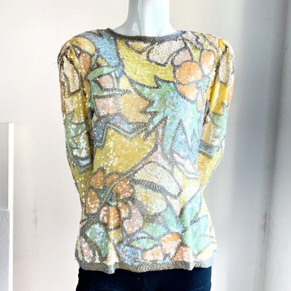 Oleg Cassini Tops - COPY - Vintage Oleg Cassini Black Tie PAstel Colours Fully Beaded Sequin  Top S